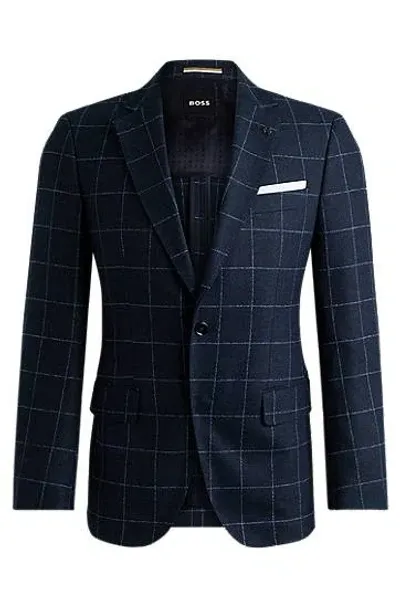 Hugo Boss Slim-fit Jacket In A Checked Wool Blend In Dark Blue