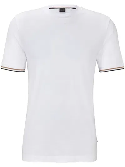 Hugo Boss Striped-cuffs Cotton T-shirt In White