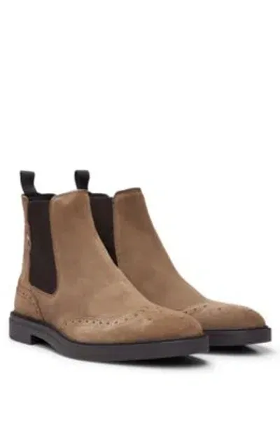 Hugo Boss Suede Chelsea Boots With Brogue Details In Beige