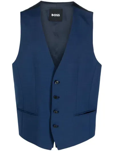 Hugo Boss Single-breasted Buttoned Waistcoat In 463 Open Blue