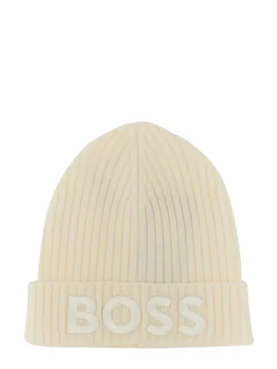 Hugo Boss Virgin Wool Ribbed Beanie In White