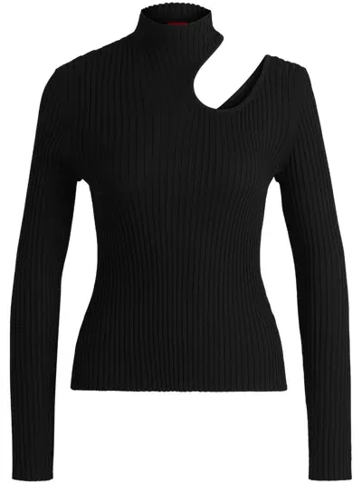 Hugo Sedenno Cut-out Mock-neck Ribbed Sweater In Black