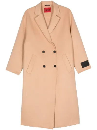 Hugo Double-breasted Long Coat In Neutrals