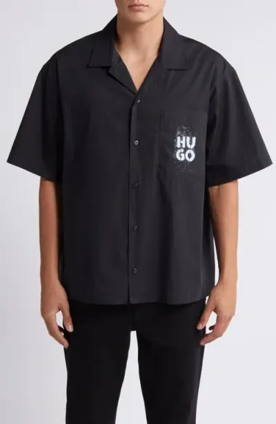 Hugo Egeeno Logo Oversize Camp Shirt In Black