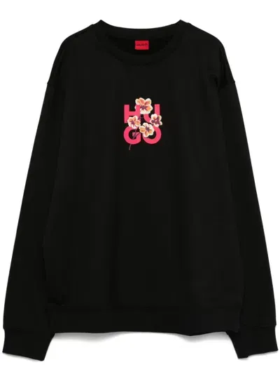 Hugo Floral-stacked Logo Cotton Sweatshirt In Black