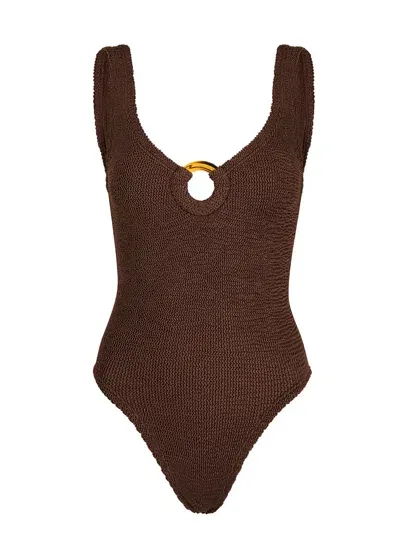 Hunza G Celine Cut-out Seersucker Swimsuit In Brown