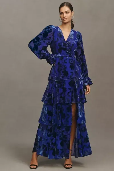 Hutch Bardot Long-sleeve V-neck Velvet Burnout Wrap Tiered Maxi Dress In Silhouette Roses