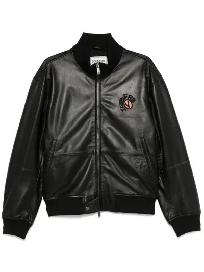 Iceberg Bear-detail Leather Jacket In Black