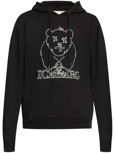 Iceberg Logo-embroidered Cotton Hoodie In Black