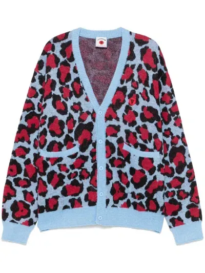 Icecream Mens  Leopard-print V-neck Relaxed-fit Knitted Cardigan In Red/blue