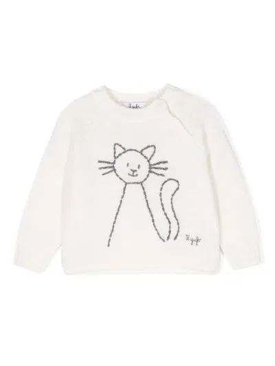 Il Gufo Babies' Cat Embroidery Jumper In White