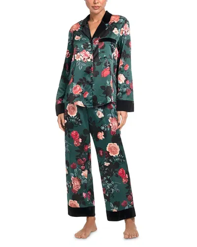 In Bloom By Jonquil Floral Velvet Trim Satin Pajamas In Forest Green