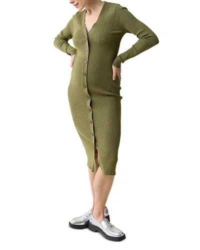 Ingrid & Isabel Button Front Sweater Maternity Dress In Deep Olive