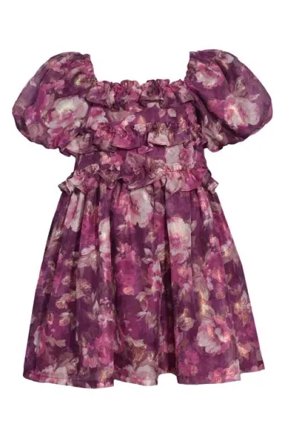 Iris & Ivy Kids' Floral Puff Sleeve Chiffon Party Dress In Burgundy