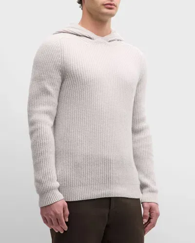 Iris Von Arnim Men's Stonewashed Cashmere Ribbed Hoodie In Kitt