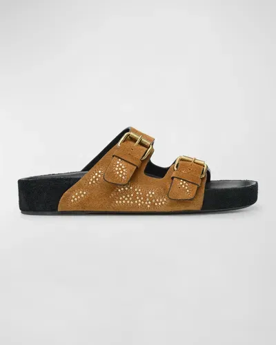 Isabel Marant Lennyo Studded Suede Dual-buckle Sandals In Cognacgold