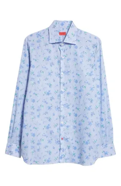 Isaia Floral Stripe Button-up Shirt In Medium Blue