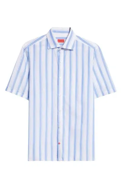 Isaia Stripe Short Sleeve Button-up Shirt In White/blue