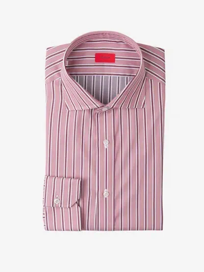 Isaia Striped Cotton Shirt In Salmon, White And Maroon