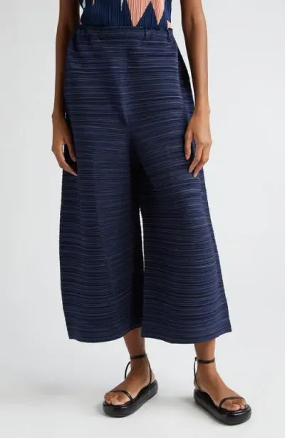 Issey Miyake Pleats Please  Bounce Stripe Crop Wide Leg Pants In Blue