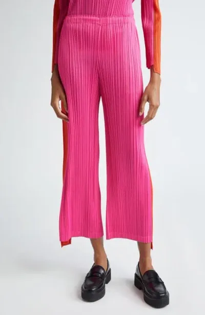 Issey Miyake Pleats Please  Comet Pleated Colorblock Crop Wide Leg Pants In Bright Pink