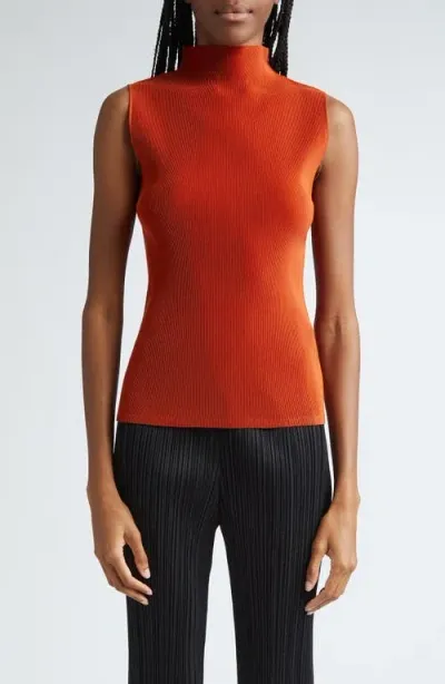 Issey Miyake Pleats Please  Pleated Funnel Neck Sleeveless Top In Terracotta