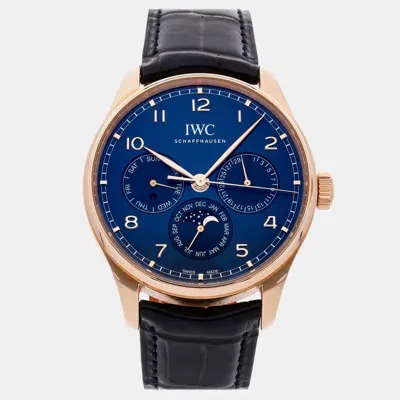 Pre-owned Iwc Schaffhausen Blue 18k Rose Gold Portugieser Iw3442-05 Automatic Men's Wristwatch 42 Mm