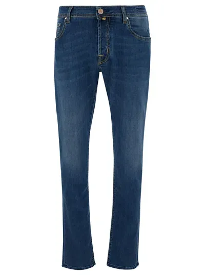 Jacob Cohen Blue Slim Low Waisted Jeans With Patch In Cotton Denim Man Jeans