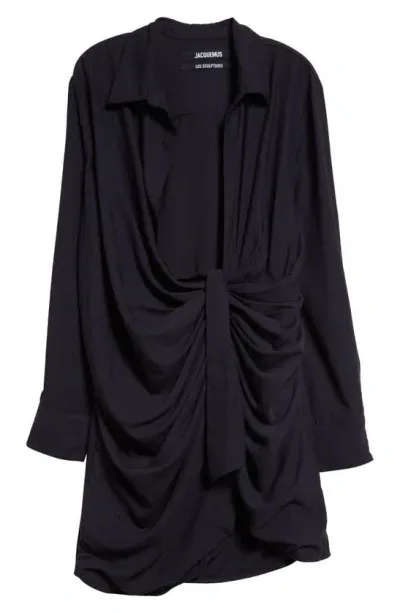 Jacquemus La Robe Bahia Long Sleeve Sash Dress In Navy Blue