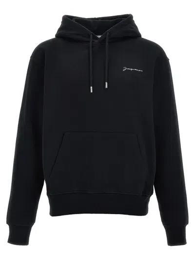 Jacquemus Embroidered Hoodie With Drawstring And Front Pocket In Black