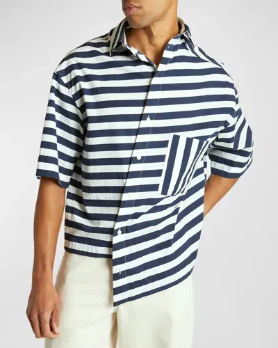 Jacquemus Men's Pablo Asymmetric Striped Sport Shirt In Print White And Blue Stripe