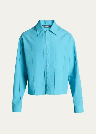 Jacquemus Men's Square Pleat Button-down Shirt In Turquoise