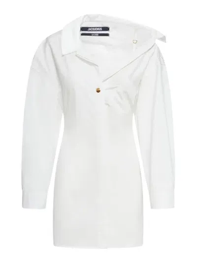 Jacquemus Cotton Asymmetric Midi Shirt Dress In Blanco