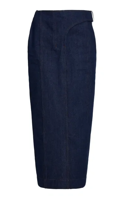 Jacquemus Nimes Obra Denim Midi Pencil Skirt In Navy Brown