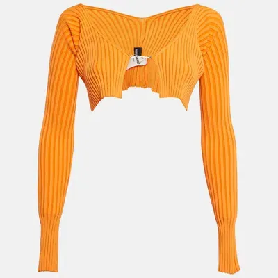 Pre-owned Jacquemus Orange Rib Knit Full Sleeve Badge Detail Crop Cardigan M