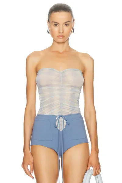 Jade Cropper Ruched Bandeau Top In Tinted Check Blue & Beige