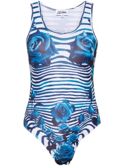 Jean Paul Gaultier Blue Morphing Rose-print Bodysuit