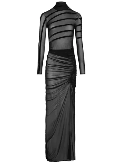 Jean Paul Gaultier Draped Mesh Long Dress In Black