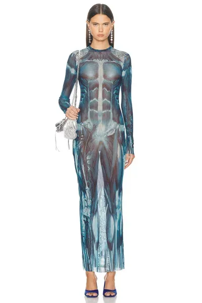 Jean Paul Gaultier Ecorche Mesh Long Printed Dress In Blue  Light Blue  & White