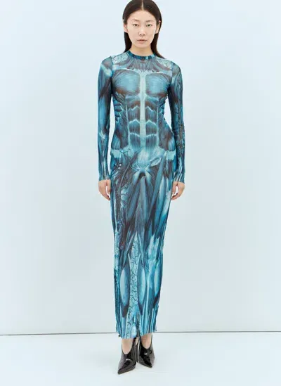 Jean Paul Gaultier Ecorche Mesh Maxi Dress In Blue