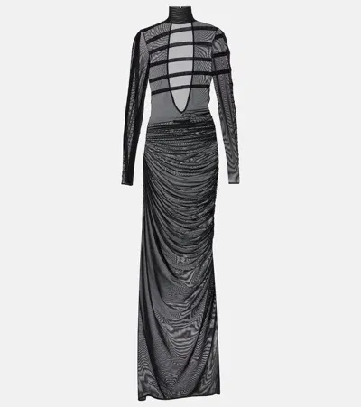 Jean Paul Gaultier Flocked Ruched Mesh Maxi Dress In Black