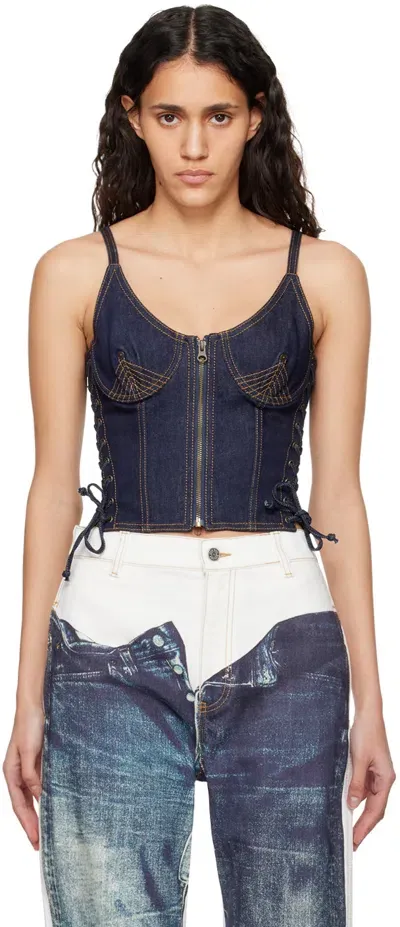 Jean Paul Gaultier Indigo 'the Lace-up' Denim Tank Top In 55-indigo