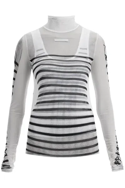 Jean Paul Gaultier Feathers Mariniere Printed Mesh Long Sleeve Top In 015900 White/navy/black