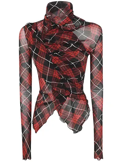 Jean Paul Gaultier Mesh Draped Long Sleeve Top Printed Distorter Tartan In Red