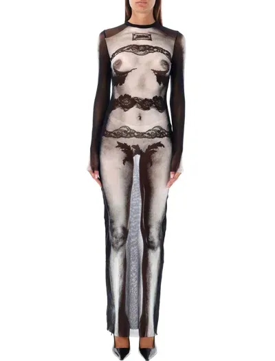 Jean Paul Gaultier Mesh Long Dress Body Lace Print In Black