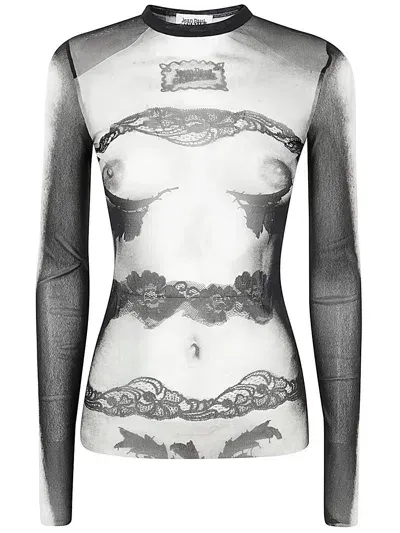 Jean Paul Gaultier Mesh Long Sleeve Top Printed Body Lace Mariniere In Black