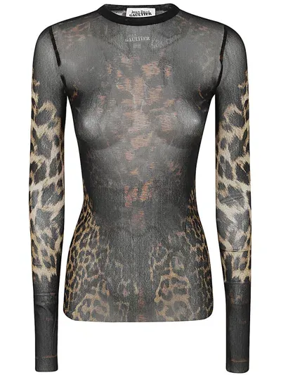 Jean Paul Gaultier Mesh Long Sleeve Top Printed Leopard With Lace Label In Brown