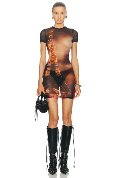 Jean Paul Gaultier Pigalle Mesh Short Printed Dress In Black  Red  Orange  & Blue