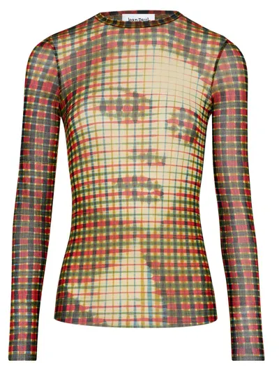 Jean Paul Gaultier Mesh Long Sleeve Top Printed Tartan Face In Sepia,yellow,blue,red