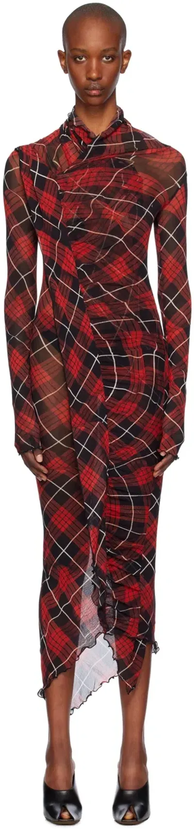 Jean Paul Gaultier Draped Dresse Printed Distorted Tartan Woman Red In Polyamide